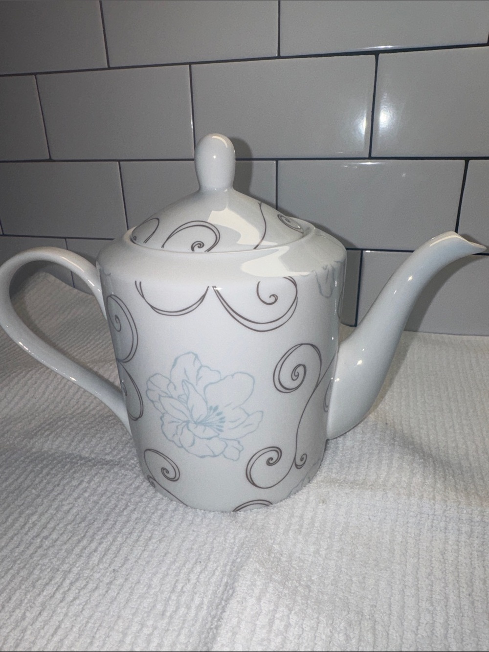 Laura Ashley White Porcelain Teapot with Gray Scroll Pattern